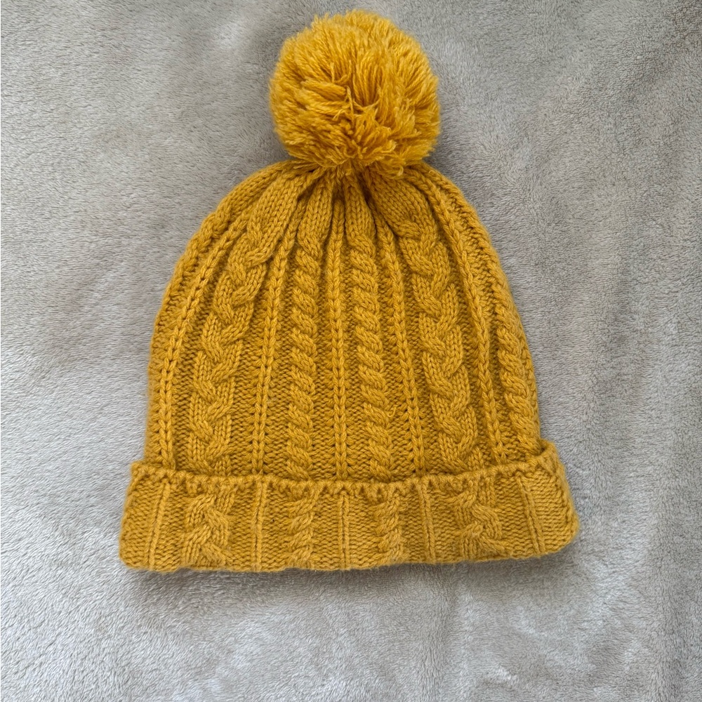 Yellow/Mustard Cable Textured Knit Beanie with Pom-Pom